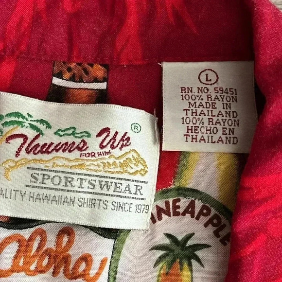 [L]Vintage Thums Up Hawaii Graphics Novelty Red Rayon  SS Beach Shirt - Picture 2 of 5